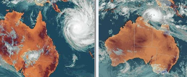 Satellite Images Of Cyclone Yasi. of cyclone Yasi (left) and